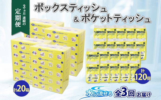 定期便 3カ月連続3回 北海道産 とけまるくん ボックスティッシュ 20箱 ポケットティッシュ 120個 セット 水に流せる ペーパー まとめ買い 香りなし 厚手 雑貨 生活必需品 備蓄 リサイクル 箱 ボックス 送料無料