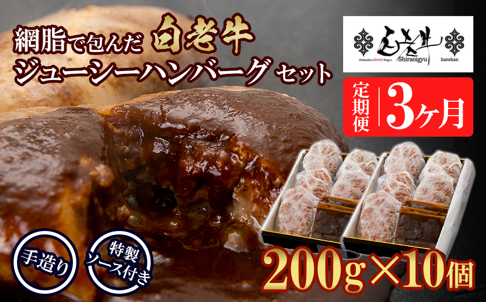 定期便3カ月 お楽しみ 白老牛 ジューシー ハンバーグ セット 10個 網脂 特製ソース 手造り 手ごね