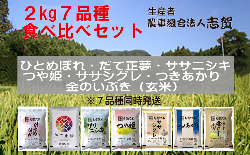 宮城県岩沼市産 志賀沢米 食べ比べセット 2kg×7品種(金のいぶき玄米含む)