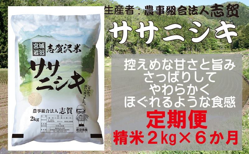 [6ヶ月定期便]宮城県岩沼市産 志賀沢米 ササニシキ 精米2kg