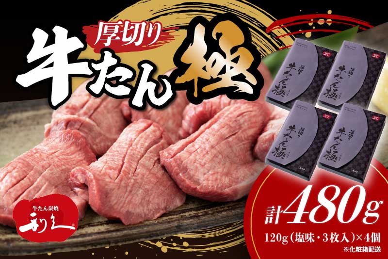 牛たん 炭焼 利久 牛たん極120g×4 計480g 計4箱 牛タン 焼肉 牛肉 塩味 牛タン塩 牛たん塩 味付き 精肉 冷凍 BBQ アウトドア バーベキュー 小分け 厚切り 贈答用