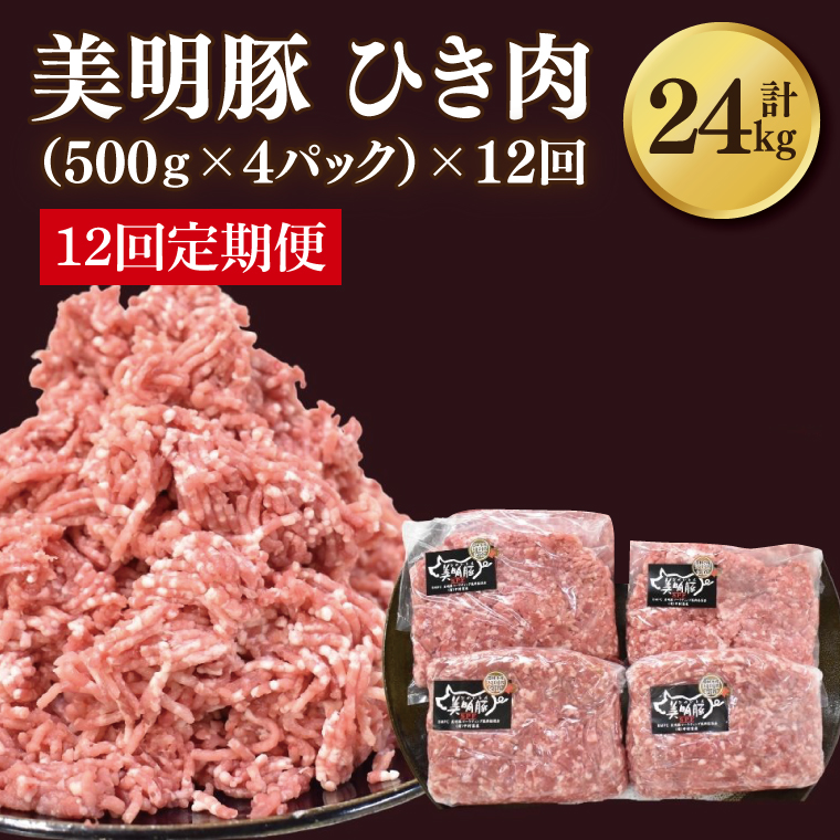 【12ヶ月定期便】【美明豚】挽肉 計2kg(約500g×4パック)｜肉 お肉 ひき肉 豚肉 挽肉 美明豚 豚 ハンバーグ 煮物 キーマカレー 定期便 茨城県 行方市(DH-22)