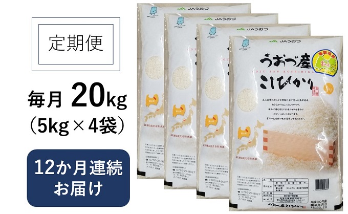 20kg（5kg×4袋）×12ヶ月定期便 富山県うおづ産米コシヒカリ 白米 富山米｜ふるラボ