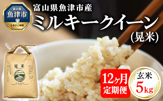 【12ヶ月定期便】【令和6年度米】「魚津のミルキークイーン（晃米）」5kg（玄米） ｜ 環境配慮 MK農産 お米 ブランド米 銘柄米 玄米 ご飯 おにぎり 産地直送 甘み 粘り もちもち ※2024年10月下旬頃より順次発送予定 ※北海道・沖縄・離島への配送不可