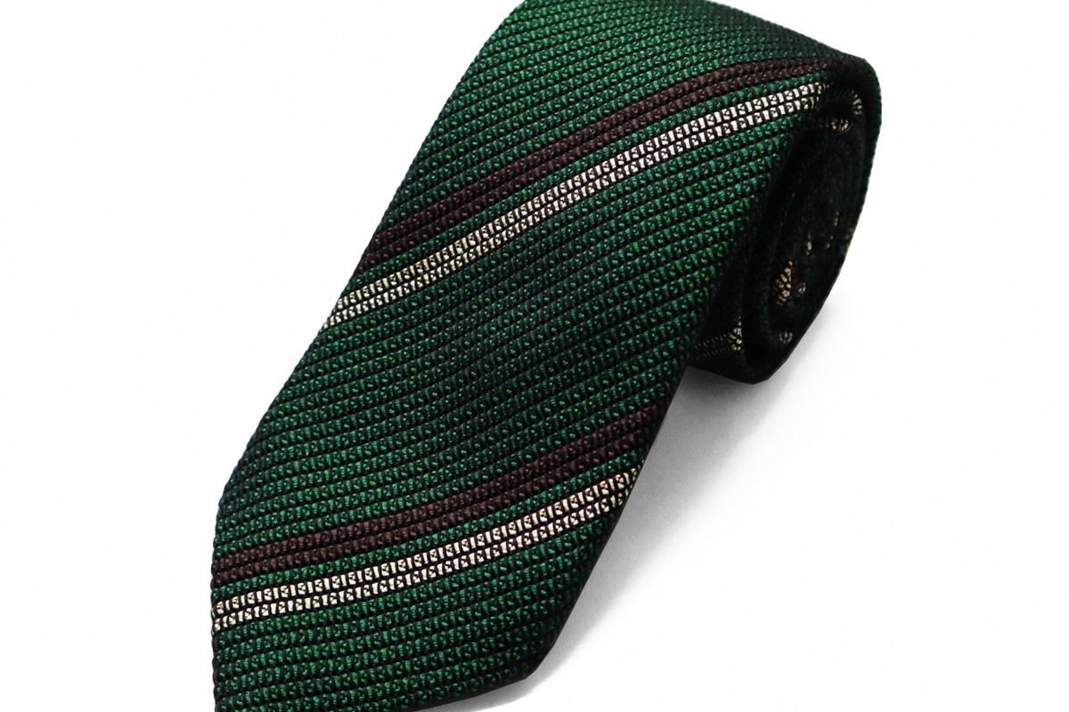 kuska fabric 2ラインレジメンタルタイ 【グリーン】 世界でも稀な手織りネクタイ