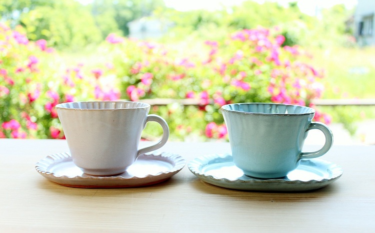 京丹波町の窯元「工房瑞穂」特製のコーヒーカップ＋ソーサー　ペアセット