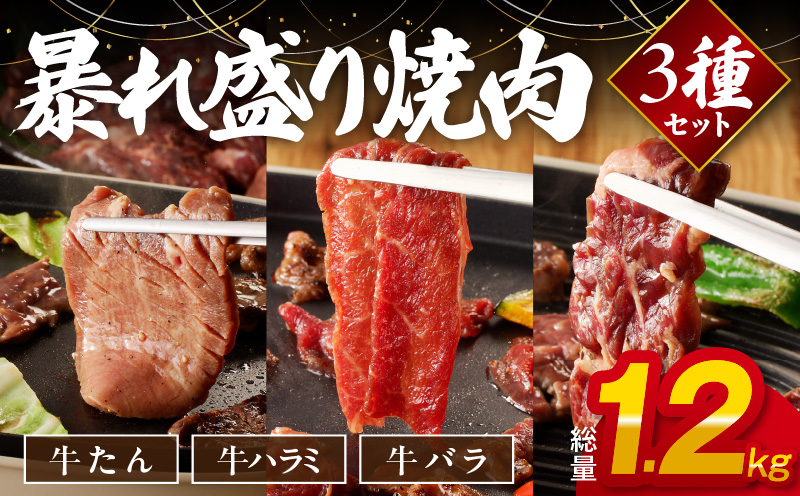 暴れ盛り 焼肉 3種セット 総量 1.2kg (牛タン/牛ハラミ/バラ) 099H2875