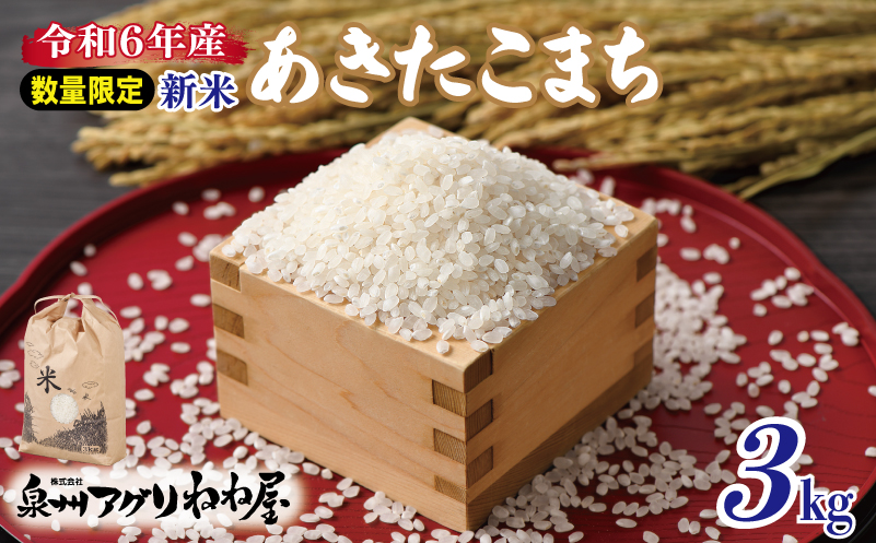 [数量限定]令和6年産 ねね屋の新米 『あきたこまち』 3kg 泉佐野産 白米 お米 099H3020