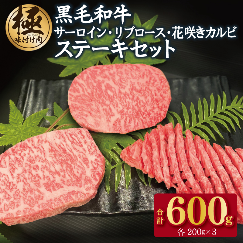 黒毛和牛 サーロイン/リブロース/花咲カルビ ステーキ 食べ比べセット 合計600g（200g×3種）【極味付け肉】 G1577