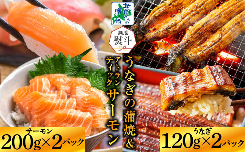 【無地熨斗】五郎藤 国産 有頭旨鰻 120g×2尾 ＆ アトランティックサーモン 200g×2P【人気 食べ比べ 数量限定 丼 小分け 北国からの贈り物】 G1566-1