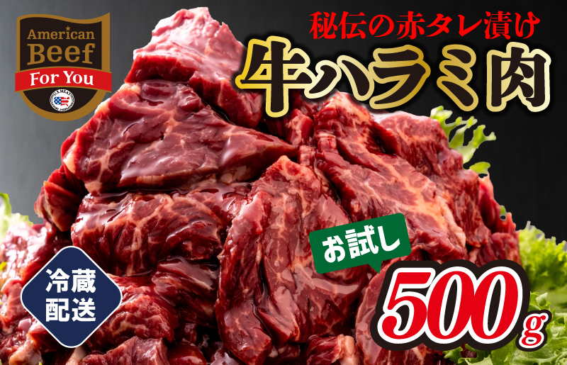 005A437 【チルド配送】お試し500g 秘伝の赤タレ漬牛ハラミ肉 ノンフローズン 一度も冷凍なし 冷蔵でお届け 数量限定｜ふるラボ