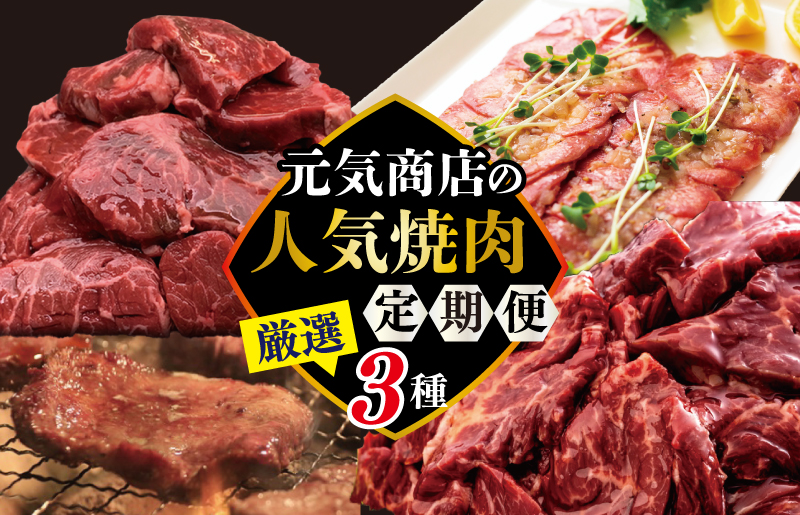 元気商店の人気焼肉 定期便 厳選3種 全3回 食べ比べ お楽しみ 牛肉 牛 ハラミ タン【毎月配送コース】｜ふるラボ