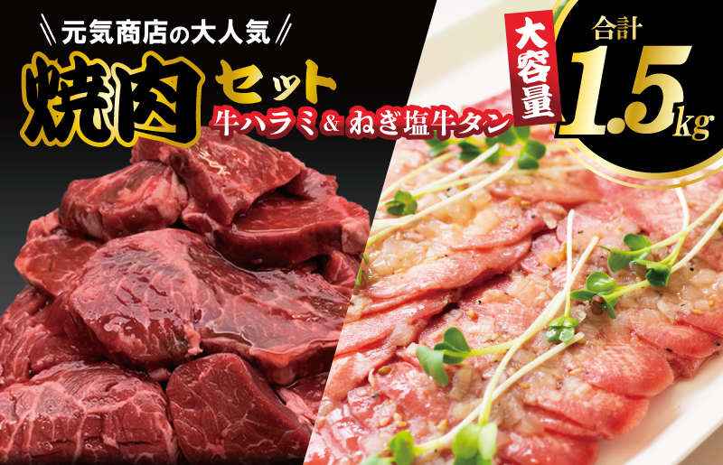 015B142 元気商店の大人気焼肉セット 1.5kg（牛ハラミ ねぎ塩牛タン）食べ比べ｜ふるラボ