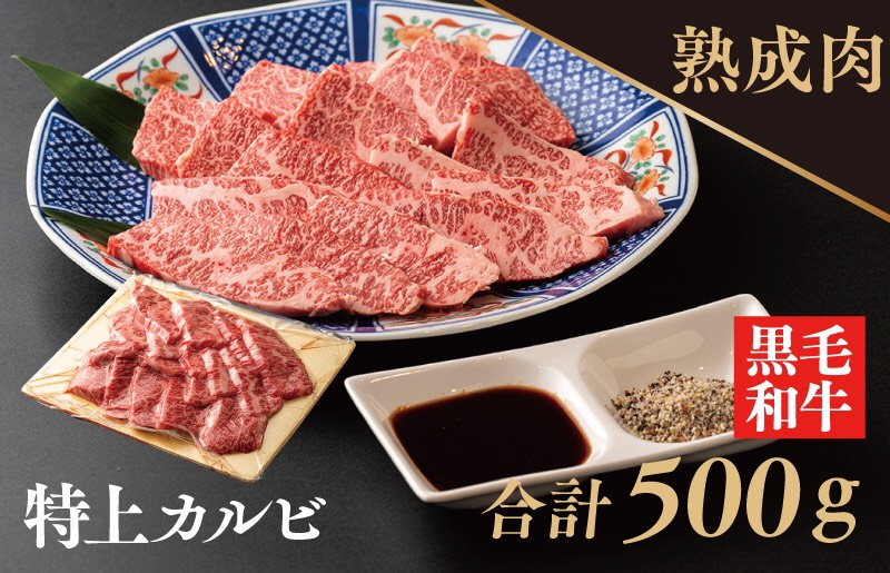 099H386 熟成黒毛和牛 特上カルビ焼肉 厳選希少部位 500g（梅塩・タレ付 ）｜ふるラボ