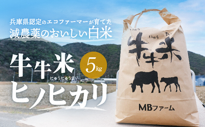 兵庫県認定のエコファーマーが育てた減農薬のおいしい白米『牛牛米 ヒノヒカリ』(5kg)  【令和4年度産】