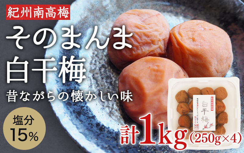 そのまんま白干梅 A級品 計1kg(250g×4個) / 梅干し 梅干 梅 紀州南高梅 A級 和歌山 和歌山県産 田辺市 南高梅 白干し梅 無添加 しょっぱい梅干し 昔ながらの梅干し なつかしい[kfo015]