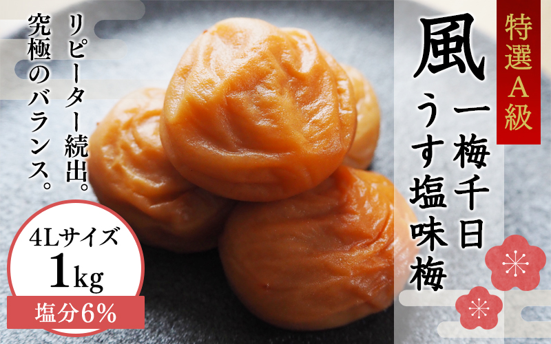 一梅千日うす塩味梅（塩分6％） 「風」 A級品4Lサイズ1kg / 和歌山 和歌山県産 田辺市 紀州南高梅 南高梅 梅干し 梅干 梅 うめ 肉厚 お米 おにぎり 焼酎 梅酒 健康 うす塩味 塩分6％ ご飯のお供【umm001】