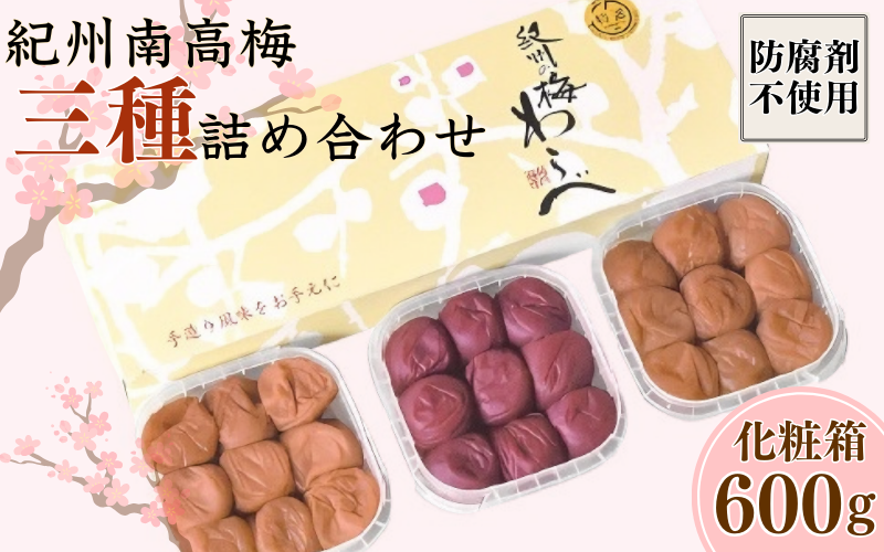 紀州産南高梅 三種詰め合わせセット 計600g (200g×3種) 化粧箱/ 梅干し 梅干 梅 和歌山 田辺 紀州南高梅 南高梅 かつお昆布だし お試し 出汁 磯塩 しそ 防腐剤不使用 ご飯のお供 スポーツ 運動 塩分補給【wrb010-1】