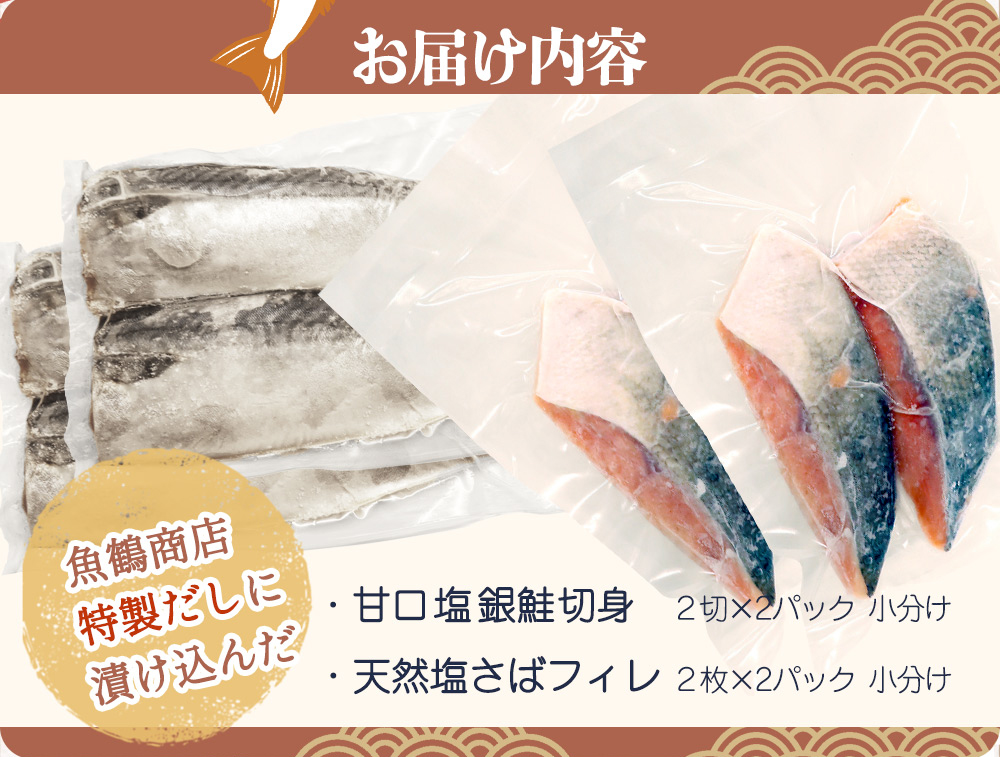 和歌山魚鶴仕込の甘口塩銀鮭切身4切&天然塩さばフィレ４枚（２切×２