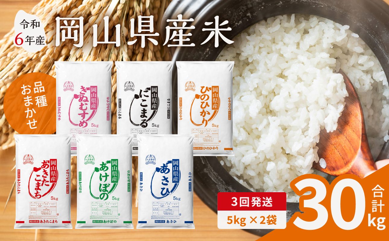 【3ヶ月定期便】【令和6年産米】岡山県産米 10kg (5kg×2袋) × 3回　計30kg 【定期便 お米 ランダム 配送 ヒノヒカリ にこまる 朝日 アケボノ あきたこまち 令和6年産 米 精米】