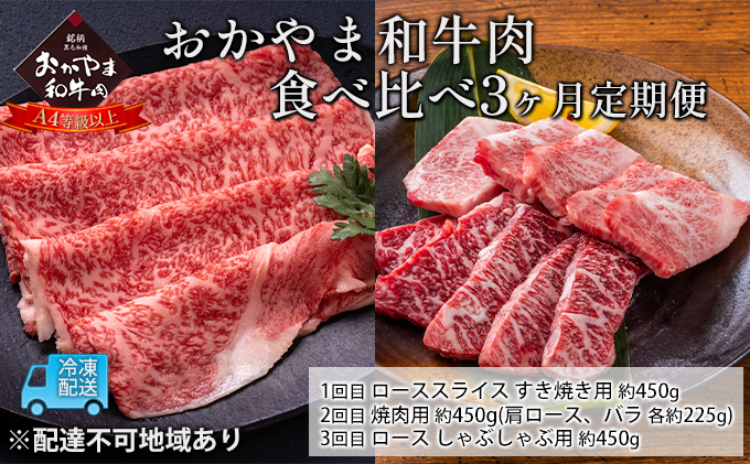 定期便 3ヶ月 おかやま A4等級以上 和牛肉 食べ比べ 毎月 約450g×3回 牛 赤身 肉 牛肉 冷凍