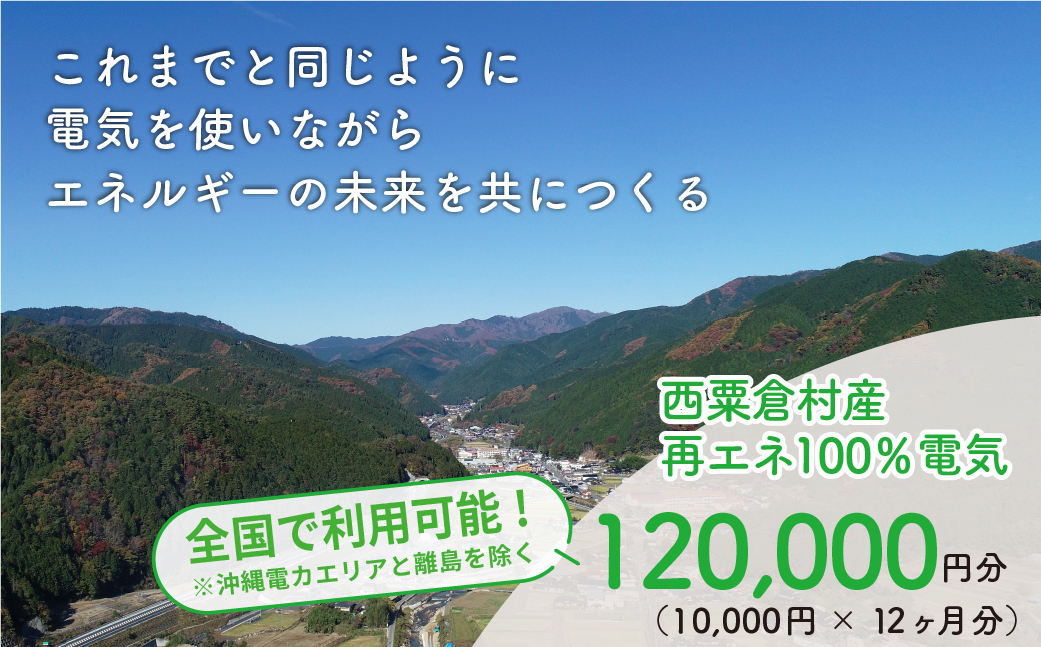 電気料金 （10,000円✕12ヶ月分） 百森でんき CO2フリー 地域電力 お礼の電気 脱炭素 ゼロカーボン 岡山県 西粟倉村 【まずは寄付のお申し込みを！】e-vv-A07D