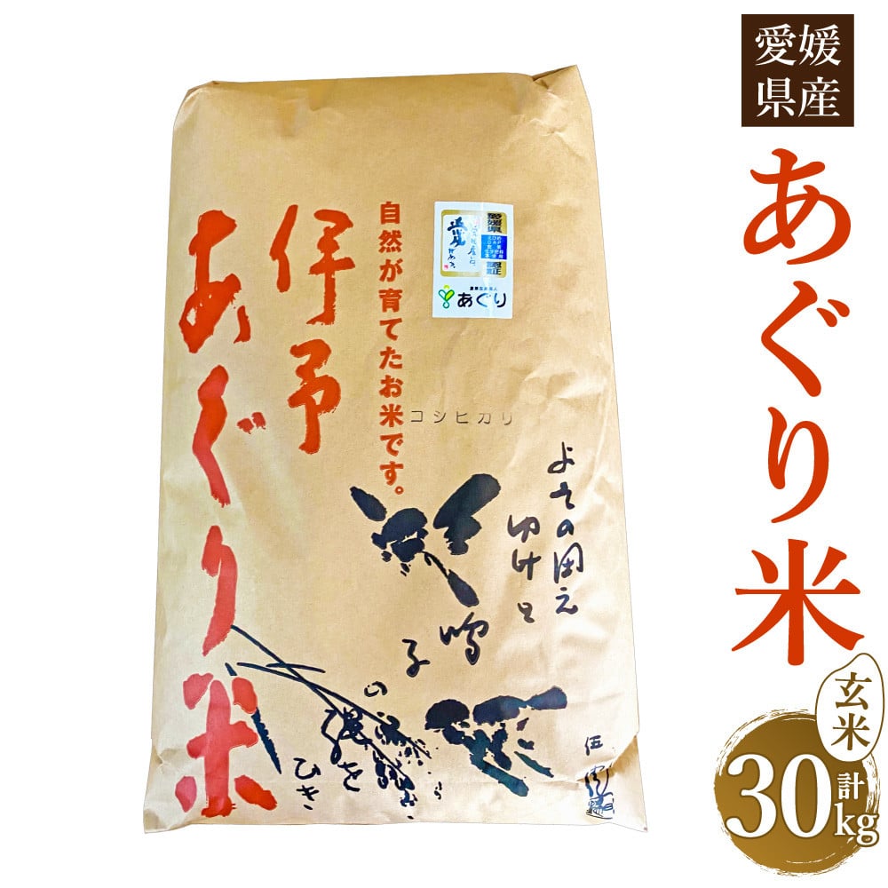 【令和6年産】あぐり米（コシヒカリ） 玄米 計30kg 10kg×3袋 農薬・化学肥料不使用 コシヒカリ玄米 伊予あぐり米 こしひかり 米 こめ お米 おこめ 単一原料米 検査済 国産米 お取り寄せ 国産 愛媛県【えひめの町（超）推し！（松前町）】(277-1)