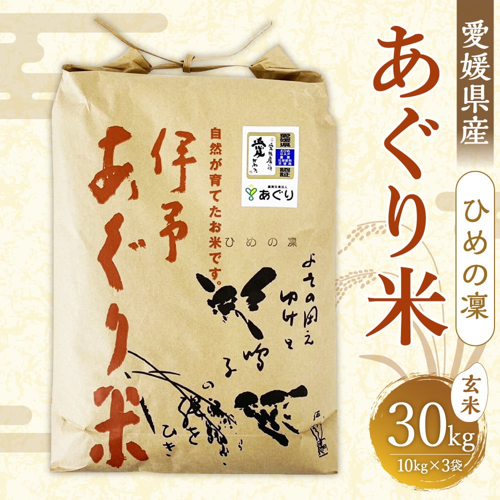 【令和6年産】 栽培中無農薬 あぐり米（ひめの凜 愛媛県ブランド米） 玄米 30kg 米 こめ お米 コメ おこめ ご飯 ごはん 国産米 ブランド米 食品 国産 愛媛県【えひめの町（超）推し！（松前町）】（317-1）