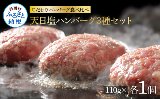 [高騰に伴い2025年1月1日以降、寄附額改定予定]食べ比べ!天日塩ハンバーグ3種セット各1個(110g×3種) 合計3個 ハンバーグ 黒毛和牛 美鮮豚 天然塩 天日塩 デミグラスソース 和風ソース ソース付き 牛肉 豚肉 温めるだけ 冷凍 配送 国産