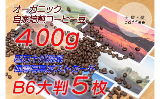 【オーガニック自家焙煎コーヒー豆400g】＋【写真家が撮影した四万十川流域のB6大判ポストカード5枚】／Lip-03