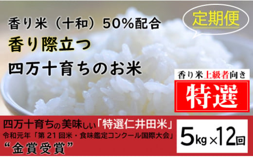 [2024年10月から発送開始]◎令和6年産新米◎四万十の美味しい特選仁井田米(香り米50%入り)[5kg×12回]定期便 