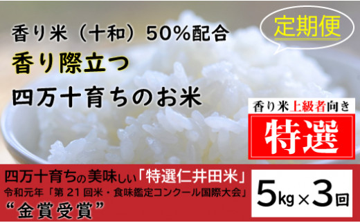 [2024年10月から発送開始]◎令和6年産新米◎四万十の美味しい特選仁井田米(香り米50%入り)[5kg×3回]