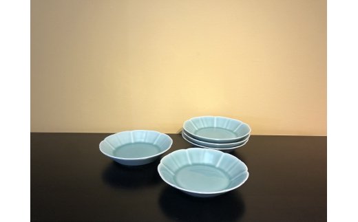 【伊万里焼】青磁花型深平皿 5枚セット H669
