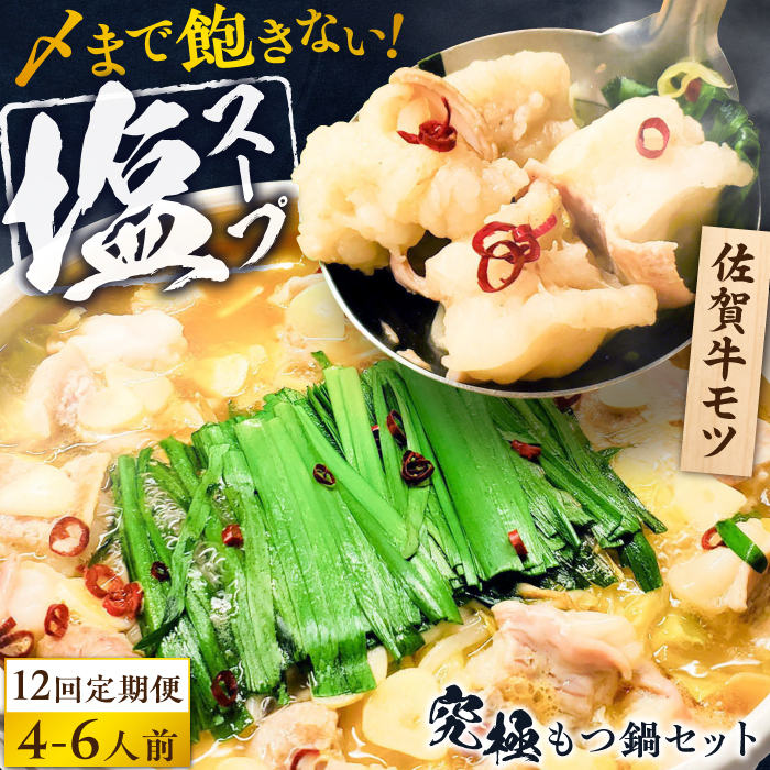 【全12回定期便】何度食べても飽きない美味しさ！こだわり佐賀牛100% もつ鍋セット 1kg(250g×4) 4～6人前 スープ・ちゃんぽん麺付 吉野ヶ里町/やきとり紋次郎 [FCJ103]