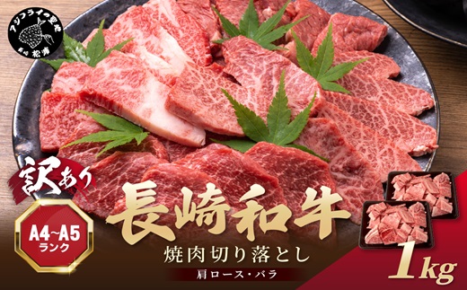 訳あり！【A4〜A5】長崎和牛焼肉切り落とし(肩ロース・バラ)1kg(500g×2P)( 牛肉 おすすめ 長崎和牛 バーベキュー 焼肉 切り落とし 冷凍 国産 送料無料 )【B8-017】