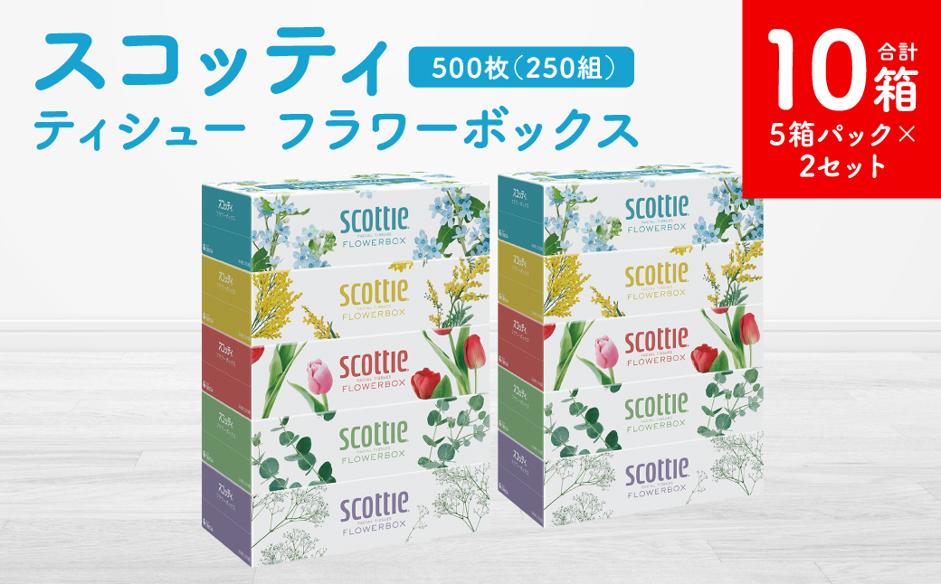 【スコッティ】ティシュー フラワーボックス 250組 5箱パック×2セット 合計10箱 ティッシュ 日用品 生活必需品