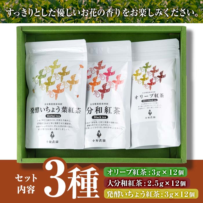 紅茶 ティーバッグ 3種セット (オリーブ紅茶、和紅茶、発酵いちょう葉