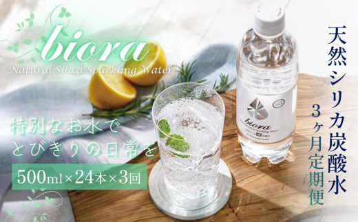 biora天然シリカ炭酸水 500ml×24本×3回 炭酸水 シリカ ミネラル 美容 飲料水 軟水 天然水 大分県 玖珠町 健康 九州 採水 防災 備蓄 定期便 500ml 72mg/l 硬度43.1 健康志向 酸素 吸収 継続 サプリメント