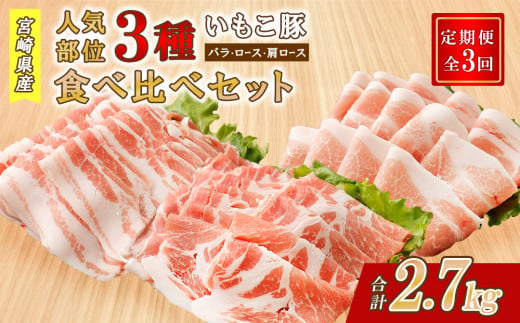 【3ヶ月定期便】豚肉 いもこ豚 人気部位3種 食べ比べセット 900g（300g×3パック）×３回 総合計2.7kg ぶた肉 ぶたにく ブタ肉 30日 お肉 ロース 肩ロース しゃぶしゃぶ 冷凍 国産 宮崎県産 九州 送料無料 薄切り 小分け