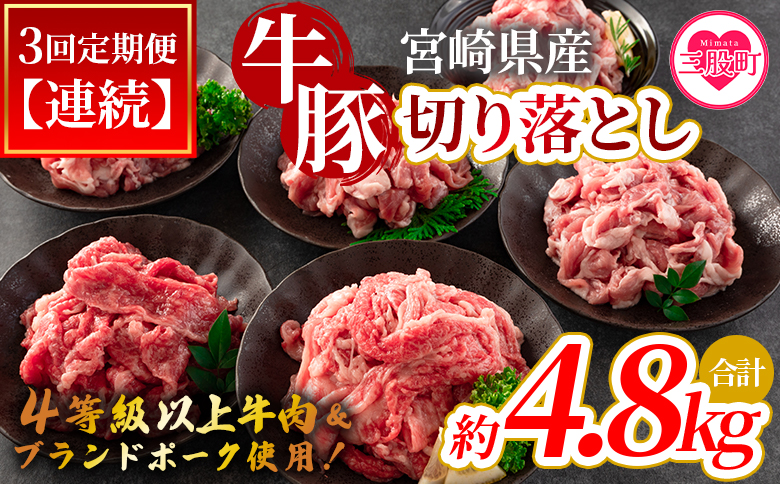 [[定期便]全3回連続 宮崎牛切り落とし牛肉(カタ肉)豚肉(ウデ、モモ)総量約4.8kg][MI413-nm-A][ニクマル]