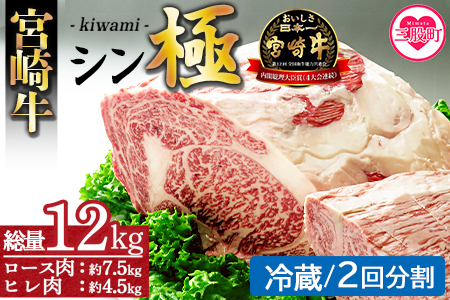 [宮崎牛『シン極(きわみ)』ロース肉約7.5kg、ヒレ肉約4.5kg (冷蔵・2回分割)] 国産ブランド牛 黒毛和牛[MI019-nk-c-02][中村食肉]