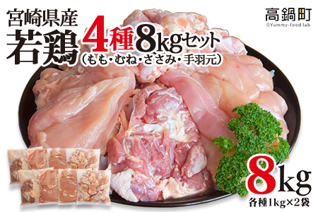 ＜宮崎県産若鶏4種 総重量8kgセット＞翌月末迄に順次出荷