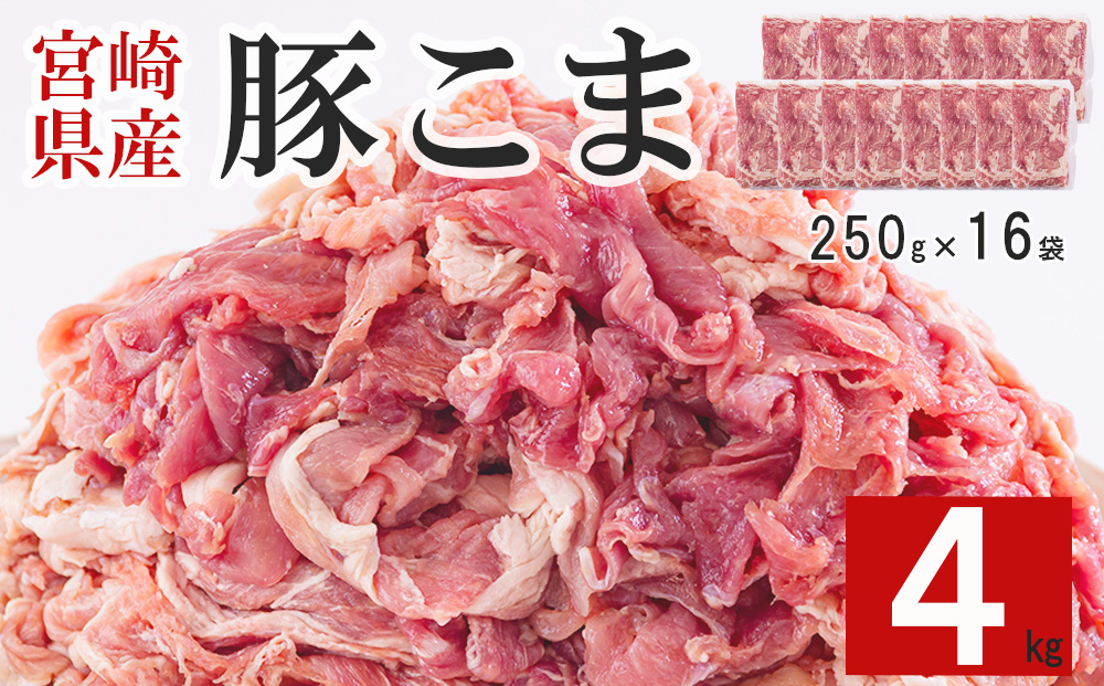 宮崎県産 豚 小間 切れ 4kg 250g×16 モモ ウデ 肉 こま 小分け 豚肉