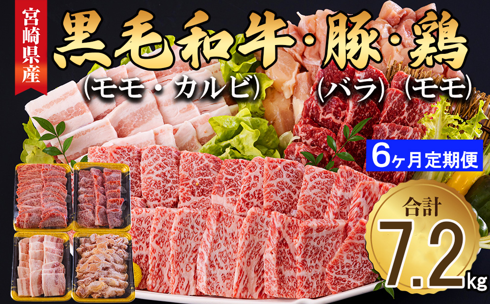 【6ヶ月定期便】 宮崎県産 焼肉 セット 黒毛和牛 モモ カルビ 豚バラ 若鶏 モモ 合計7.2kg 各300g 小分け 冷凍 送料無料 国産 BBQ バーベキュー キャンプ 普段使い 炒め物 丼 カット 詰め合わせ 経産牛