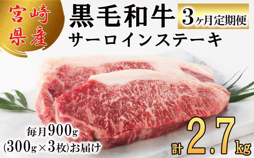 【３回定期便】 宮崎県産 黒毛和牛 サーロイン ステーキ 300g ×3×3ヶ月 合計2.7kg 小分け 冷凍 送料無料 国産 牛 肉 霜降り BBQ バーベキュー キャンプ 真空包装 スペース 収納 サシ がっつり 脂