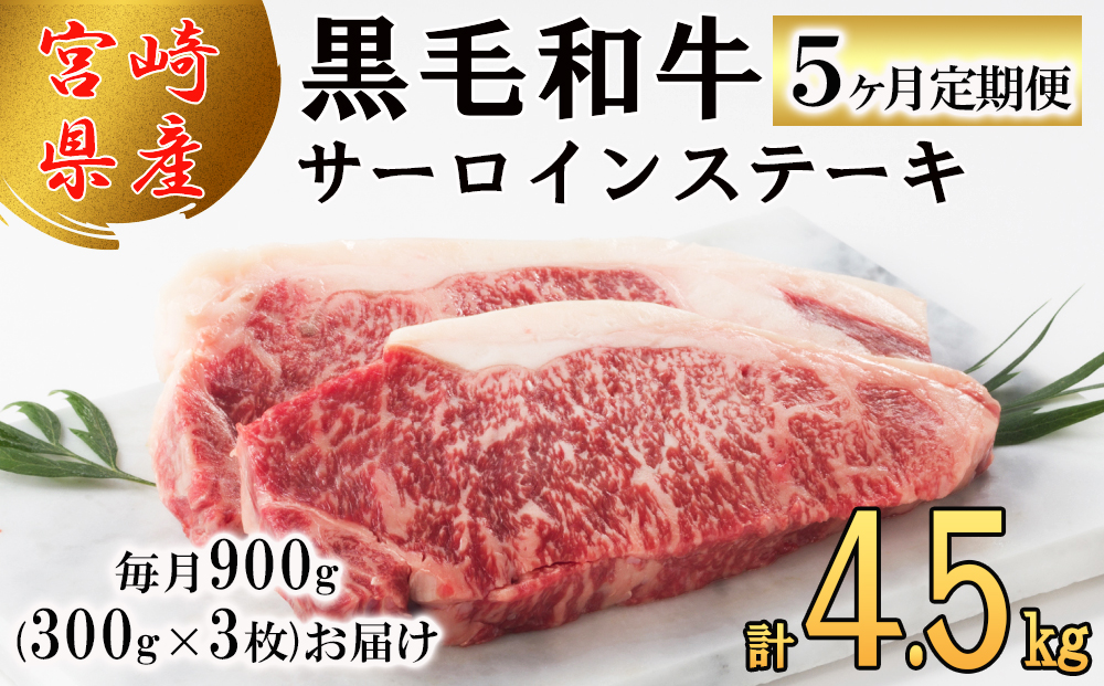 【５回定期便】 宮崎県産 黒毛和牛 サーロイン ステーキ 300g ×3×5ヶ月 合計4.5kg 小分け 冷凍 送料無料 国産 牛 肉 霜降り BBQ バーベキュー キャンプ 真空包装 スペース 収納 サシ がっつり 脂