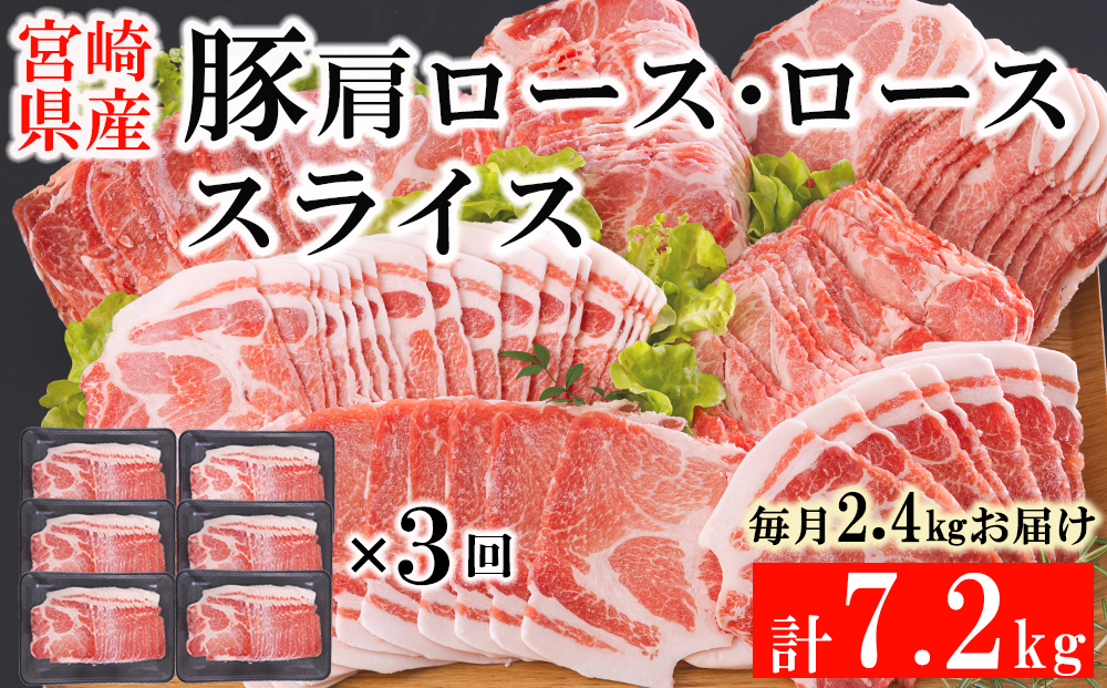 3ヶ月定期便】 宮崎県産 豚 肩ロース ロース スライス 400g×6×3回 合計