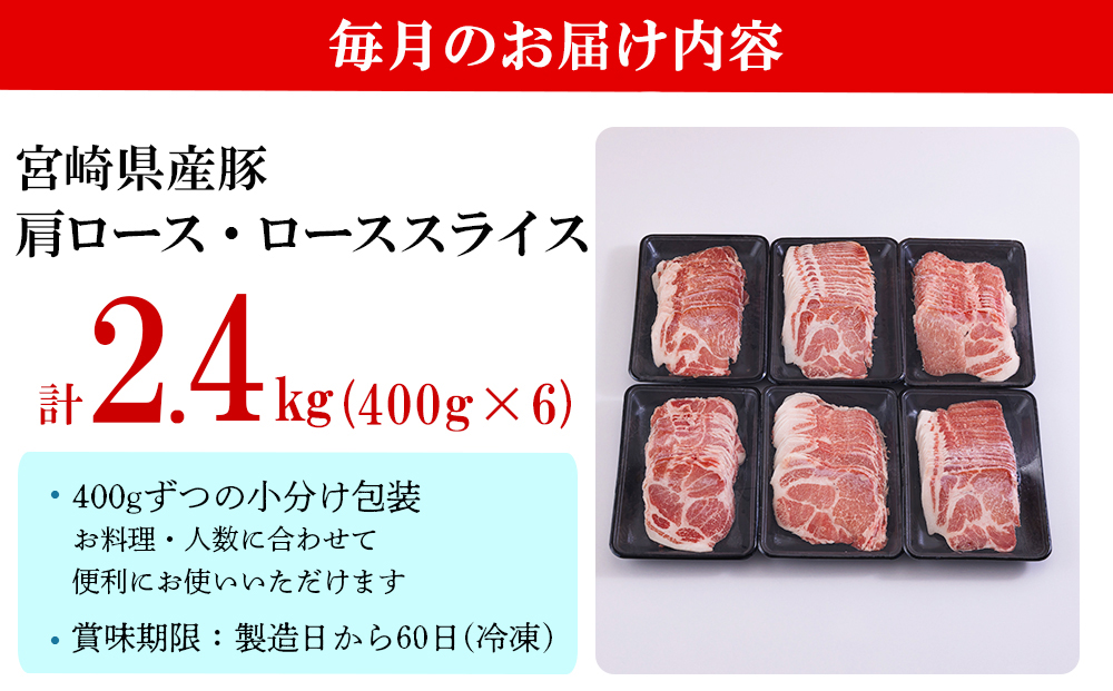 3ヶ月定期便】 宮崎県産 豚 肩ロース ロース スライス 400g×6×3回 合計