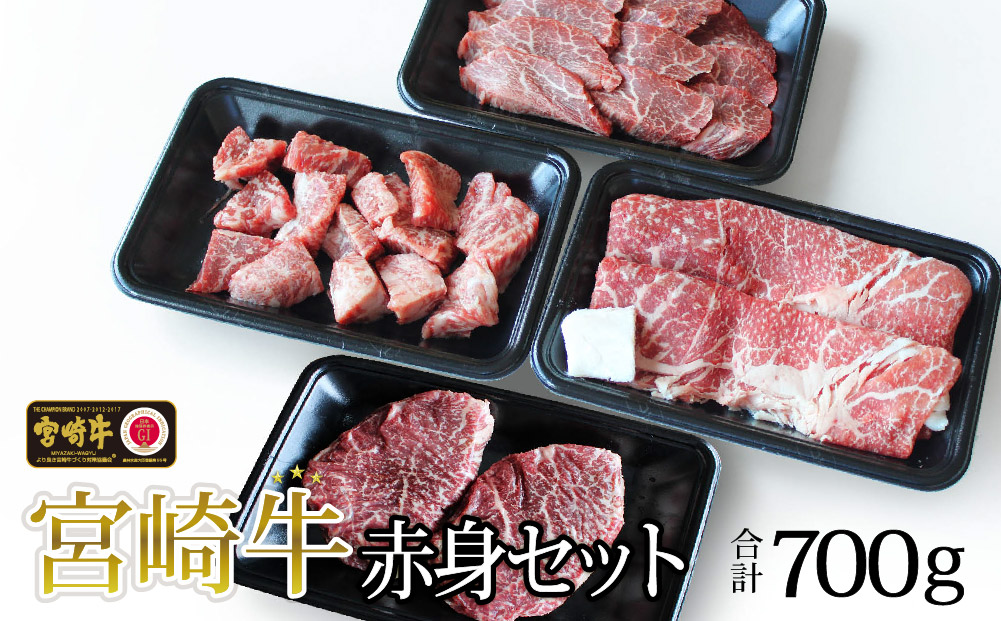 宮崎牛赤身セット700g(ステーキ200g・焼肉150g・スライス200g・サイコロ150g)｜ふるラボ